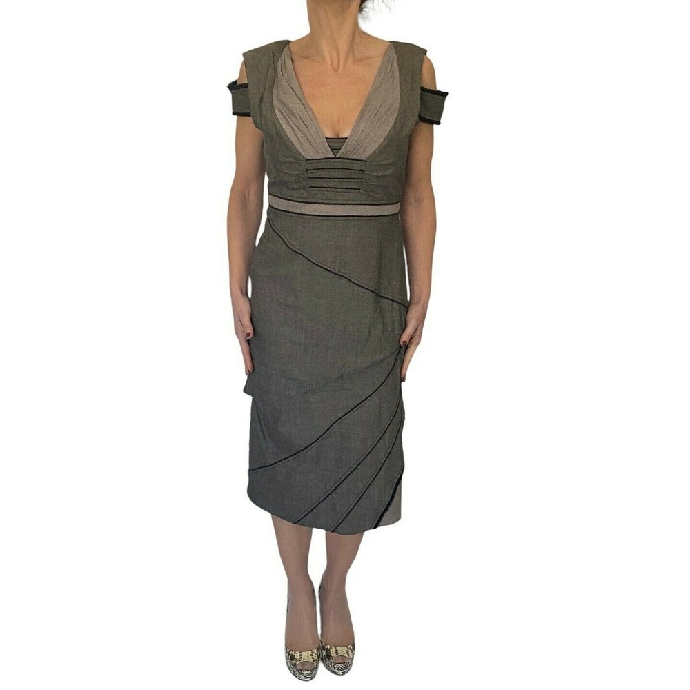 Zac Posen Womens Dress Brown Wool Cold Shoulder V- Neck Midi Sz 10 NWT $1350 - Picture 9 of 9